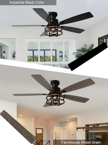 52" Farmhouse Rustic Ceiling Fan with Lights and Remote, Flush Mount Ceiling Fan Low Profile Caged Fandelier Chandelier, 5 Dual Blades Reversible DC Motor 6 Speeds for Bedroom Living Room