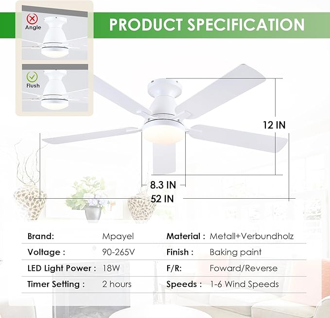 Mpayel 52 Inch Ceiling Fans with Lights and Remote, White Ceiling Fan with Light Flush Mount, Low Noise, Reversible, Dimmable, Modern Low Profile Ceiling Fan with Light for Bedroom Indoor Outdoor
