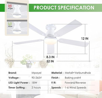 Mpayel 52 Inch Ceiling Fans with Lights and Remote, White Ceiling Fan with Light Flush Mount, Low Noise, Reversible, Dimmable, Modern Low Profile Ceiling Fan with Light for Bedroom Indoor Outdoor