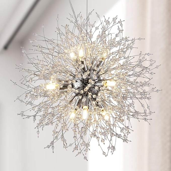 Firework Crystal Chandeliers, 9-Light Stainless Steel Dandelion Chandelier Chrome, 19.6" Modern Sputnik Pendant Lighting for Bedroom Dining Room