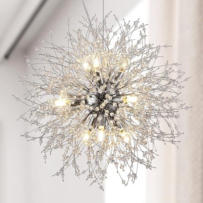 Firework Crystal Chandeliers, 9-Light Stainless Steel Dandelion Chandelier Chrome, 19.6" Modern Sputnik Pendant Lighting for Bedroom Dining Room