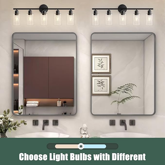 Bathroom Vanity Light Fixtures Matte Black Bathroom Lighting Fixture, 5 Lights Bathroom Light Fixture Over Mirror, Modern Black Vanity Light, Wall Sconces with Glass Shades