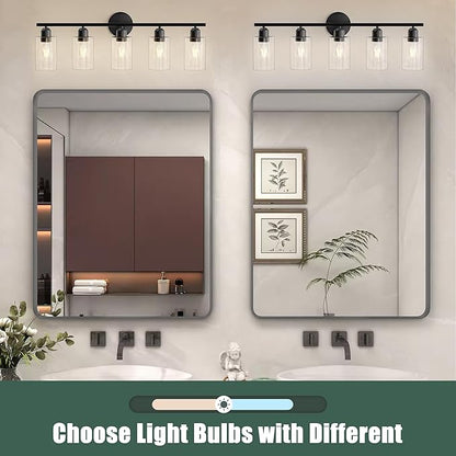 Bathroom Vanity Light Fixtures Matte Black Bathroom Lighting Fixture, 5 Lights Bathroom Light Fixture Over Mirror, Modern Black Vanity Light, Wall Sconces with Glass Shades