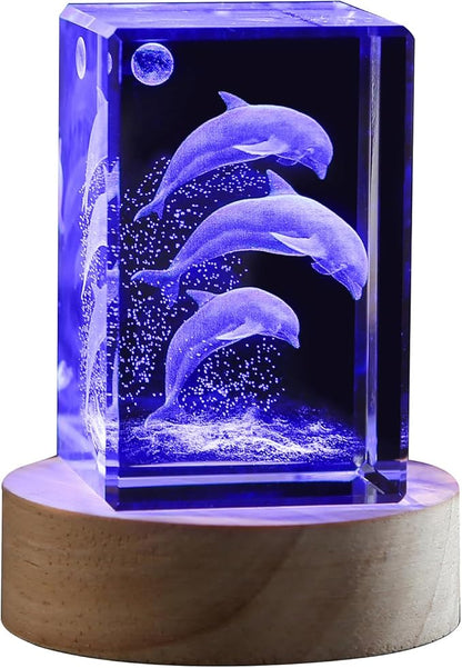 3D Crystal Dolphin Figurine Night Light with LED Base, Birthday Gift for Kids Women, Thanksgiving Christmas Valentines Anniversary Birthday Gifts