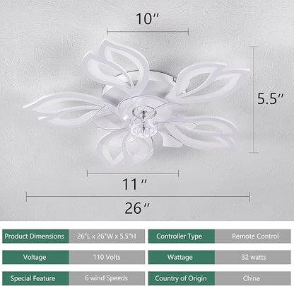 Modern Ceiling Fans with Lights, Low Profile Ceiling Fan with Remote for Bedroom, Flush Mount Ceiling Fan with LED Dimmable Light,3-Colors, 6-Speeds, Timing CeilingFan Light-White Leaves
