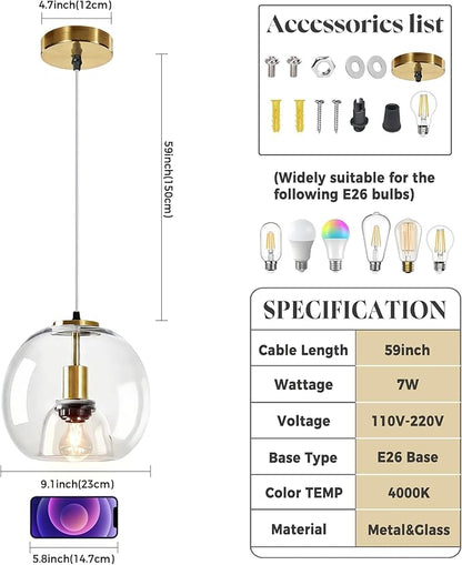 9.1in Large Clear Glass Pendant Light for Kitchen Island – 2-Pack with 2 Extra LED Bulbs & 4.92ft Adjustable Cord | Modern Minimalist Lighting for Dining Room, Living Room, Entryway