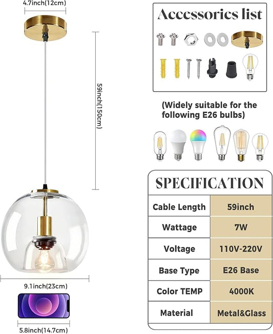 9.1in Large Clear Glass Pendant Light for Kitchen Island – 2-Pack with 2 Extra LED Bulbs & 4.92ft Adjustable Cord | Modern Minimalist Lighting for Dining Room, Living Room, Entryway