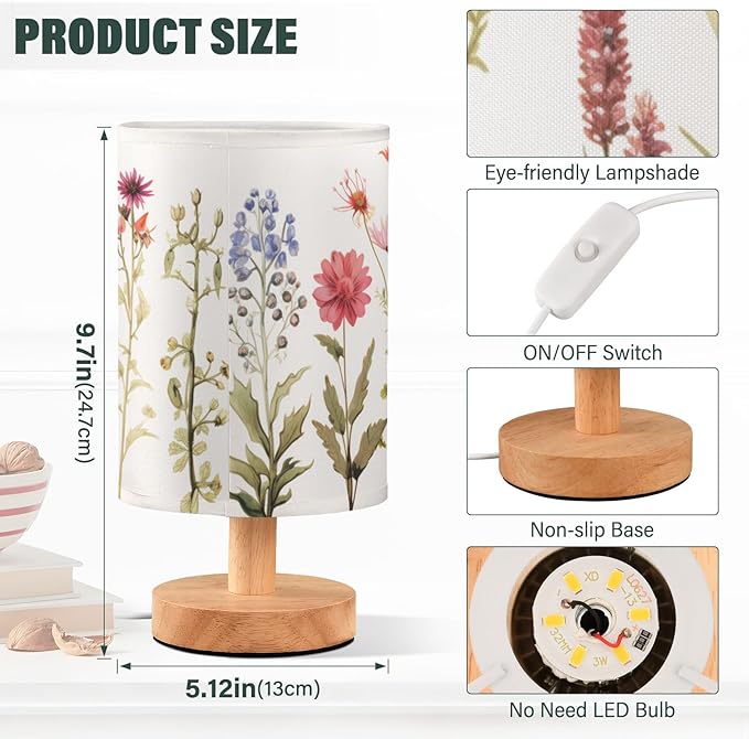 Bedside Table Lamp Vintage Colorful Herbs Wild Floral Nightstand Lamp with Wood Desk Lamps for Bedroom Living Room Nursery Office Home Decor