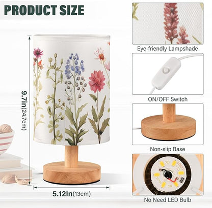 Bedside Table Lamp Vintage Colorful Herbs Wild Floral Nightstand Lamp with Wood Desk Lamps for Bedroom Living Room Nursery Office Home Decor