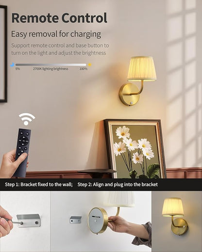 PUSU Motion Sensor Gold H9.6 inch Small Wall Sconces Set of 2, LED Cordless Rechargeable 5200mAh Battery Operated Fabric Wall Lamps with Remote, Lighting for Living Room, Bedroom, Hallway, Stairs