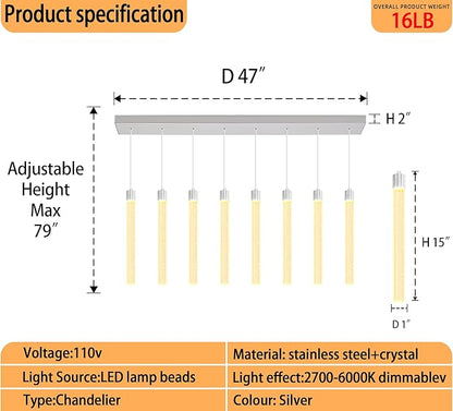 Modern LED Dimmable Crystal Column Chandelier Living Room Rectangular Crystal Chandelier Pendant Light for Dining Room Adjustable Height 8-Light Silver