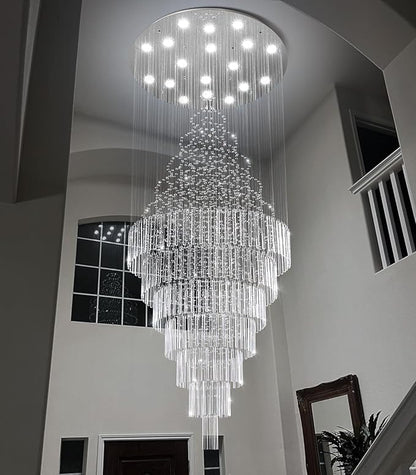 HAIXIANG W40 x H120 Glam Chandelier with LED Bulbs Crystal Raindrop High Ceiling Pendant Light for Entrance Large Villa Chandelier Foyer Lighting Fixtures Silver