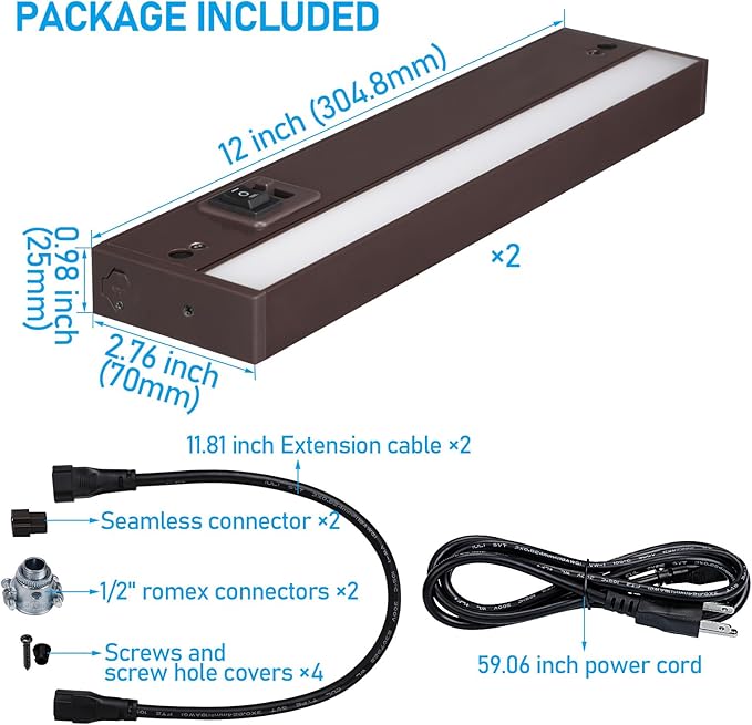 TORCHSTAR LED Under Cabinet Lighting 5CCT, 12 Inch 8W 600LM, Hardwired & Plug-in, 5 Color Selectable CRI90 120V ETL T24 Dimmable Under Counter Lights for Kitchen, Bronze Aluminum Housing, 2 Pack