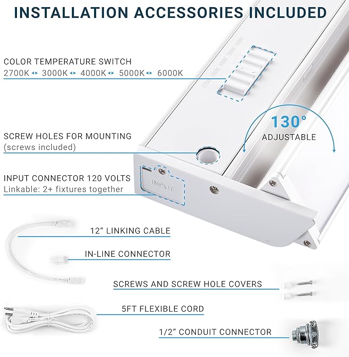 PARMIDA LED Swivel Under Cabinet Lighting, Hardwired or Plug-in Installation, 42 Inch, 22W, 5CCT Color Selectable - 2700K/3000K/4000K/5000K/6000K, Rotatable Lens, Dimmable, Linkable, 120V, 1760LM, ETL