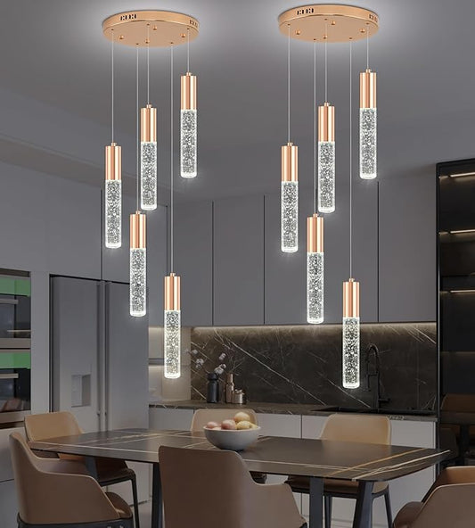 Modern Crystal Chandelier for Kitchen Island 5-Lights, Elegant Gold LED Bubble Pendant Lighting Fixture for Dining Room Bedroom Entryway
