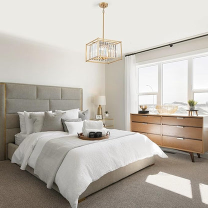 Gold Crystal Chandeliers for Dining Room Square 4-Light Height Adjustable 13" Modern Farmhouse Geometric Pendant Lighting Fixture for Bedroom Entryway Foyer Hallway