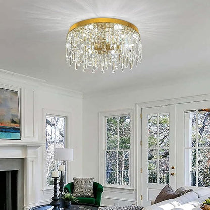 VETRULUS Gold Crystal Chandeliers for Dining Room 19.68" Round Luxury Flush Mount Crystal Ceiling Light Fixture Modern Chandelier for Bedroom Living Room Kitchen Island