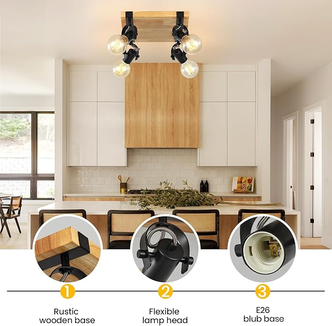 Farmhouse Wooden Flush Mount Ceiling Lamp,4-Light Directional Ceiling Spotlight Track Light Kits,Rustic Farmhouse Kitchen Light Fixtures for Kitchen Bathroom Bedroom Hallway.