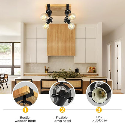 Farmhouse Wooden Flush Mount Ceiling Lamp,4-Light Directional Ceiling Spotlight Track Light Kits,Rustic Farmhouse Kitchen Light Fixtures for Kitchen Bathroom Bedroom Hallway.