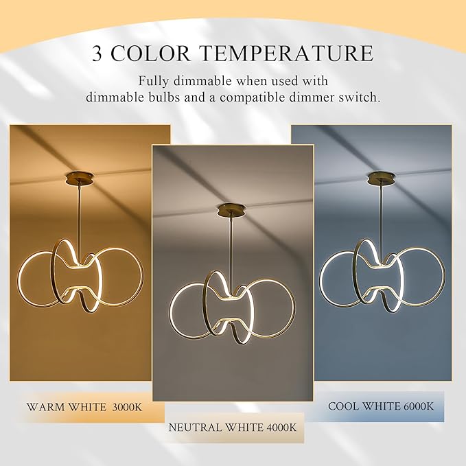 Modern LED Pendant Light Gold Dimmable Circular Chandelier, Kitchen Island Pendant Light Fixture with Remote Control for Dining Room, Kitchen, Entry, Living Room(D31.5 Inch)