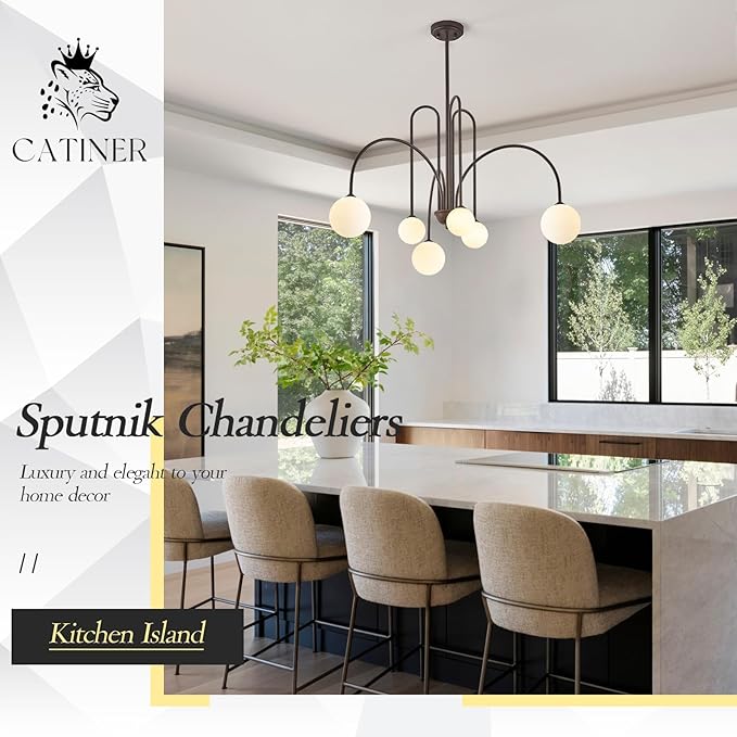 Sputnik Chandelier Brown,6 Lights Large Modern Chandelier L40”Mid Century Long Ceiling Pendant Light Fixtures for Dining Room with Milk Glass Globe Shades for High Ceiling Foyer Living Room
