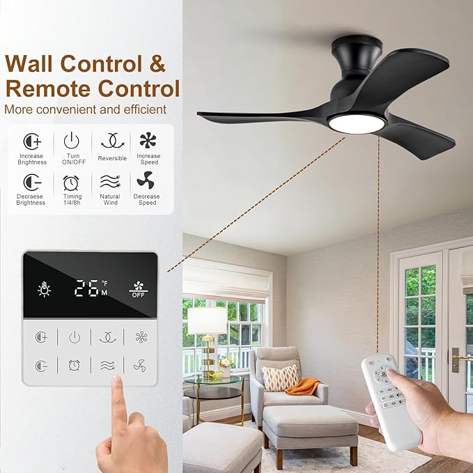 36 inch Black Ceiling Fans with Lights Flush Mount, Solid Wood,Remote Control,Wall Switch,Dimmable,Reversible,Noiseless,Power Off Memory Modern Ceiling Fan Low Profile for Bedroom Indoor/Outdoor