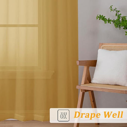 Gwine Gold Sheer Curtains 63 Inch Length for Living Room 2 Panels, Light Filtering Rod Pocket Window Curtain Treatment for Bedroom, Voile Elegant Sheer Drapes，Each 42" Wx63 L, Gold