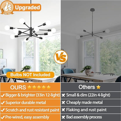 33" Modern Chandelier Ceiling Light Fixture, 12-Light Sputnik Chandeliers Matte Black Mid Century Chandelier Over Table, Height Adjustable Chandeliers for Dining Room Living Room (Bulbs Not Included)