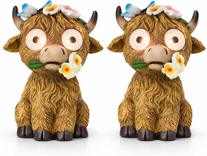 2 Solar Cow Garden Statues with Lighted Eyes – Cute Highland Cow Outdoor Decor, Waterproof Resin Animal Figurines for Yard, Patio, Lawn & Gifts (2-Pack)