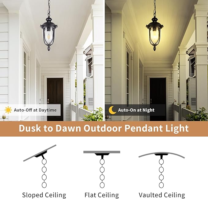 JYZ Vintage Dusk to Dawn Outdoor Hanging Lantern, 15 Inch Rustic Exterior Pendant Light Fixture with Seeded Glass, Antique Black Ceiling Mount Chandelier for Porch, Patio, Gazebo, Entryway JYOPL04