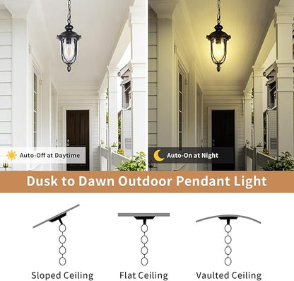 JYZ Vintage Dusk to Dawn Outdoor Hanging Lantern, 15 Inch Rustic Exterior Pendant Light Fixture with Seeded Glass, Antique Black Ceiling Mount Chandelier for Porch, Patio, Gazebo, Entryway JYOPL04