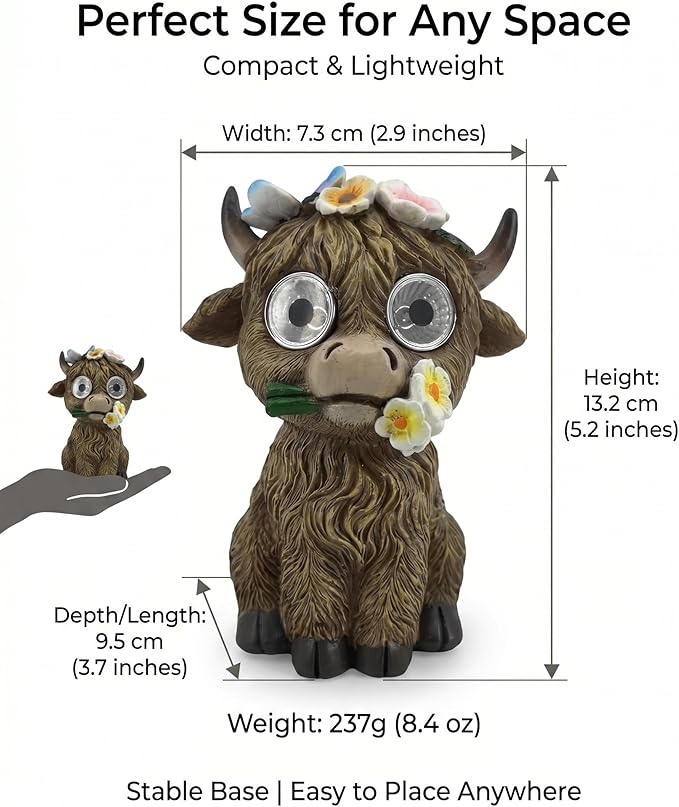 iStatue Solar Highland Cow Garden Statue with LED Light – Cute Resin Cow Figurine Outdoor Yard Decor, Waterproof Lawn Ornament, Gift for Women Mom Garden Lovers (4-Pack)