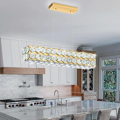 24'' Modern Crystal Chandelier for Dining Room Ceiling Light Fixture for Living Room Hallway Lighting LED Dimmable with Remote Gold
