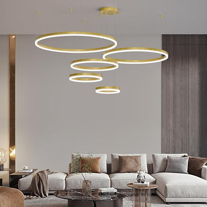 Mikeru Modern 5 Ring Chandelier Light, LED Pendant Light Fixtures with Remote Control 3000k-6500K Adjustable Color Temperature Light for Living Room, Kitchen