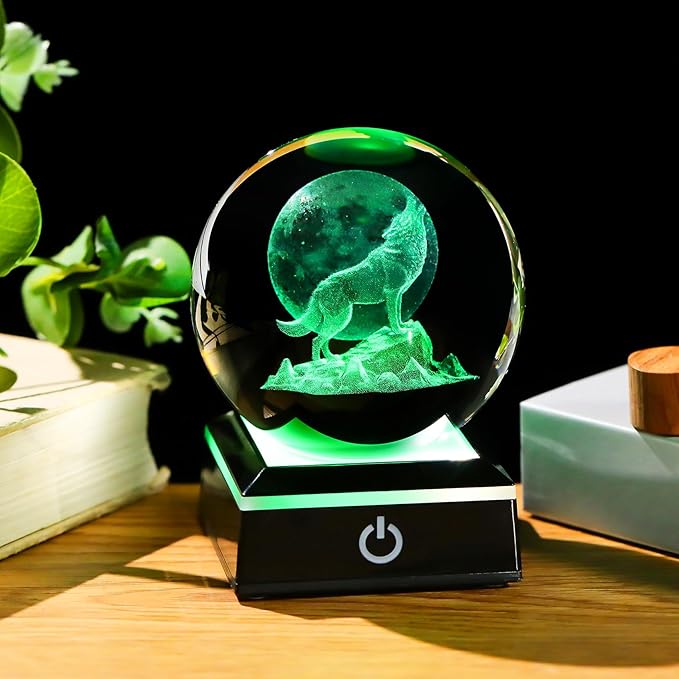 Arikyrist 3D Moon Wolf Crystal Ball Figurine with Colorful LED Base, Laser Wolf Gifts for Women Men Wolves Lovers, Wolf Statue Glass Animal Decorative Ball for Christmas Birthday Home Decor (80mm)