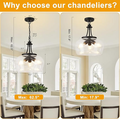 14.2" Modern Pendant Lights Kitchen Island, 3-Light Matte Black Pendant Light Fixtures with Clear Glass Shade, Industrial Hanging Pendant Lights Fixture for Kitchen Island Dining Room Bedroom Entryway