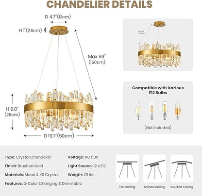 Modern Crystal Chandelier, 12 Lights Luxury Gold Round 2-Tiers K9 Crystal Raindrop Chandelier, Dimmable Crystal Ceiling Light for Dining Room Living Room Kitchen Entryway Foyer D19.7''