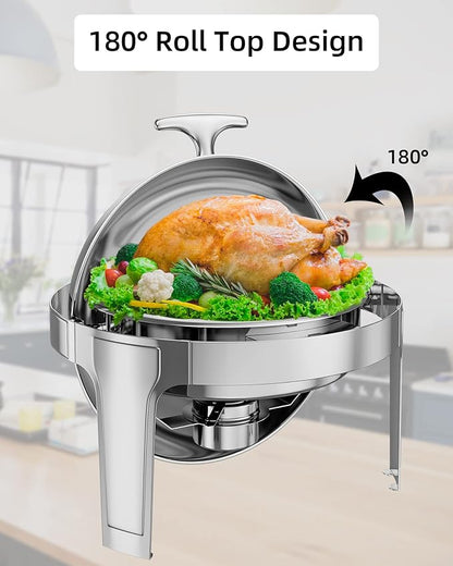 Takywep Roll Top Chafing Dish Buffet Set 6 QT,Stainless Steel Chafer Round Catering Food Warmer and Server with Lid Water Pan Stand Fuel Holder for Wedding,Parties,Events and Catering