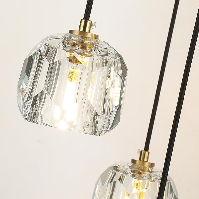 Round Crystal Chandelier, Large Farmhouse Hanging Lamps High Ceiling, Modern Brass Raindrop Pendant Light Fixtures for Dining Room Staircase Living Room