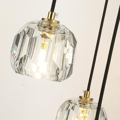 Round Crystal Chandelier, Large Farmhouse Hanging Lamps High Ceiling, Modern Brass Raindrop Pendant Light Fixtures for Dining Room Staircase Living Room