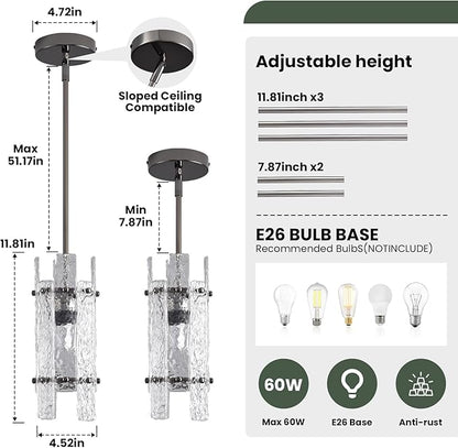 Pearl Black Crystal Pendant Light for Kitchen Island, Luxury Mini Water Ripple Glass Chandelier Fixture, Modern round Adjustable Hanging Pendant Lighting for Dining Room Bathroom Hallway (3-Pack)