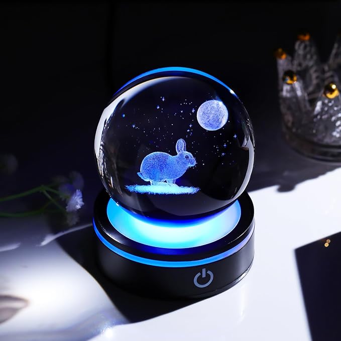 YWHL 3D Crystal Ball Moon Rabbit Figurine with Colorful LED Base, Bunny Gifts for Women Men on Birthday Christmas Rabbits Statue Glass Animal Bunny Statue Night Light for Home Decor (80mm)