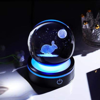 YWHL 3D Crystal Ball Moon Rabbit Figurine with Colorful LED Base, Bunny Gifts for Women Men on Birthday Christmas Rabbits Statue Glass Animal Bunny Statue Night Light for Home Decor (80mm)
