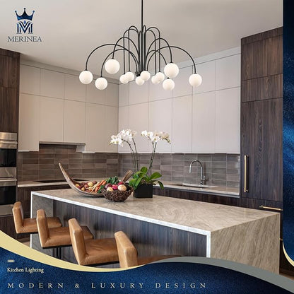 L52” Modern Sputnik Chandelier Large 12 Lights Mid Century Milk Glass Globe Ceiling Pendant Lighting Luxury for High Ceiling Foyer Staircase Living Dining Room