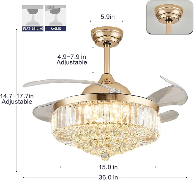 DuMaiWay 36" Dimmable Crystal Ceiling Fan with Light, Fandelier,Chandelier Fan with 4 Retractable Blades LED Remote APP Control for Living Room, Bedroom, Dining Room 6 Speed-Gold