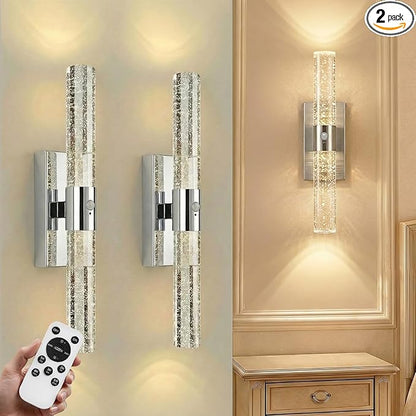 IRONPAX Wall Sconces Battery Operated Set of 2, Wireless Rechargeable Wall Sconce Set of Two, Dimmable Wall Lights with Remote for Bedroom Living Room Hallway Decor (Chrome, Bubble Crystal)