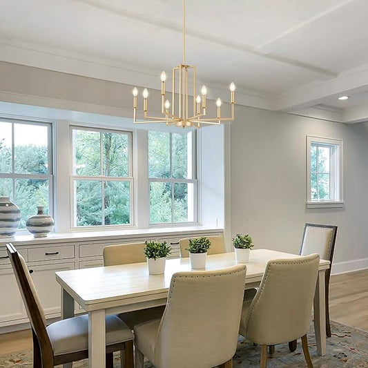 Modern Gold Chandelier, Farmhouse Candle Dining Room Chandeliers, Metal Hanging Pendant Light Fixture for Kitchen, Foyer, Bedroom, Living Room, Staircase, Entryway, 8-Light