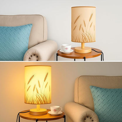 Desk Lamp LED Bulb Included, Small Bedside Table Lamp Plug-in - Classic Wood Base with Flaxen Fabric Shade, Lamps for Night Stands, Simple Nightstand Light for Bedroom, Office, Desk