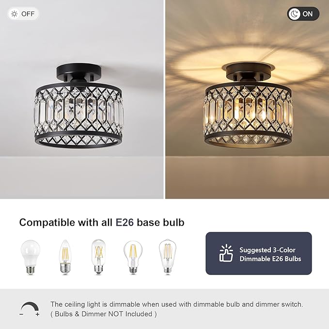 Pevfah Crystal Black Ceiling Light, Modern Semi Flush Mount Ceiling Lighting Fixture, Round Hallway Lighting Fixtures for Kitchen Entryway Bedroom Laundry Room, 1-Light, 9 Inch