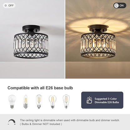 Pevfah Crystal Black Ceiling Light, Modern Semi Flush Mount Ceiling Lighting Fixture, Round Hallway Lighting Fixtures for Kitchen Entryway Bedroom Laundry Room, 1-Light, 9 Inch